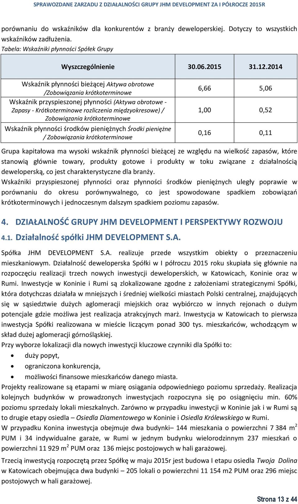 krótkoterminowe Wskaźnik płynności środków pieniężnych Środki pieniężne / Zobowiązania krótkoterminowe 6,66 5,06 1,00 0,52 0,16 0,11 Grupa kapitałowa ma wysoki wskaźnik płynności bieżącej ze względu