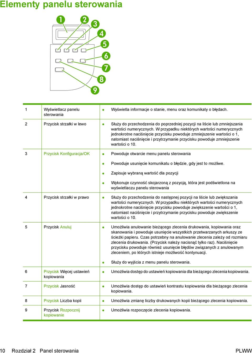 W przypadku niektórych wartości numerycznych jednokrotne naciśnięcie przycisku powoduje zmniejszenie wartości o 1, natomiast naciśnięcie i przytrzymanie przycisku powoduje zmniejszenie wartości o 10.