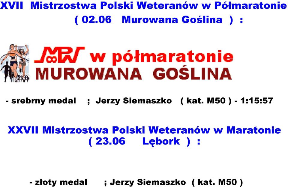 kat. M50 ) - 1:15:57 XXVII Mistrzostwa Polski Weteranów w