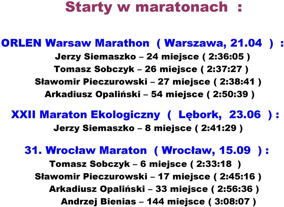Arkadiusz Opaliński 54 miejsce ( 2:50:39 ) XXII Maraton Ekologiczny ( Lębork, 23.06 ) : Jerzy Siemaszko 8 miejsce ( 2:41:29 ) 31.