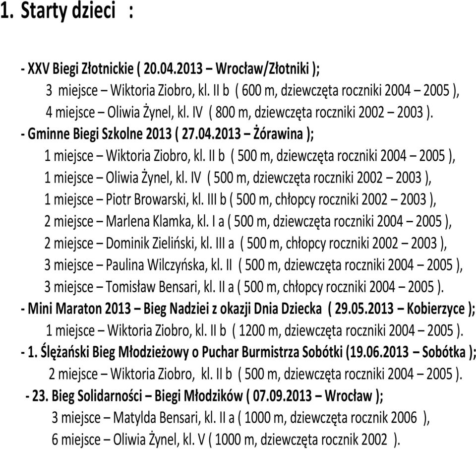 II b ( 500 m, dziewczęta roczniki 2004 2005 ), 1 miejsce Oliwia Żynel, kl. IV ( 500 m, dziewczęta roczniki 2002 2003 ), 1 miejsce Piotr Browarski, kl.