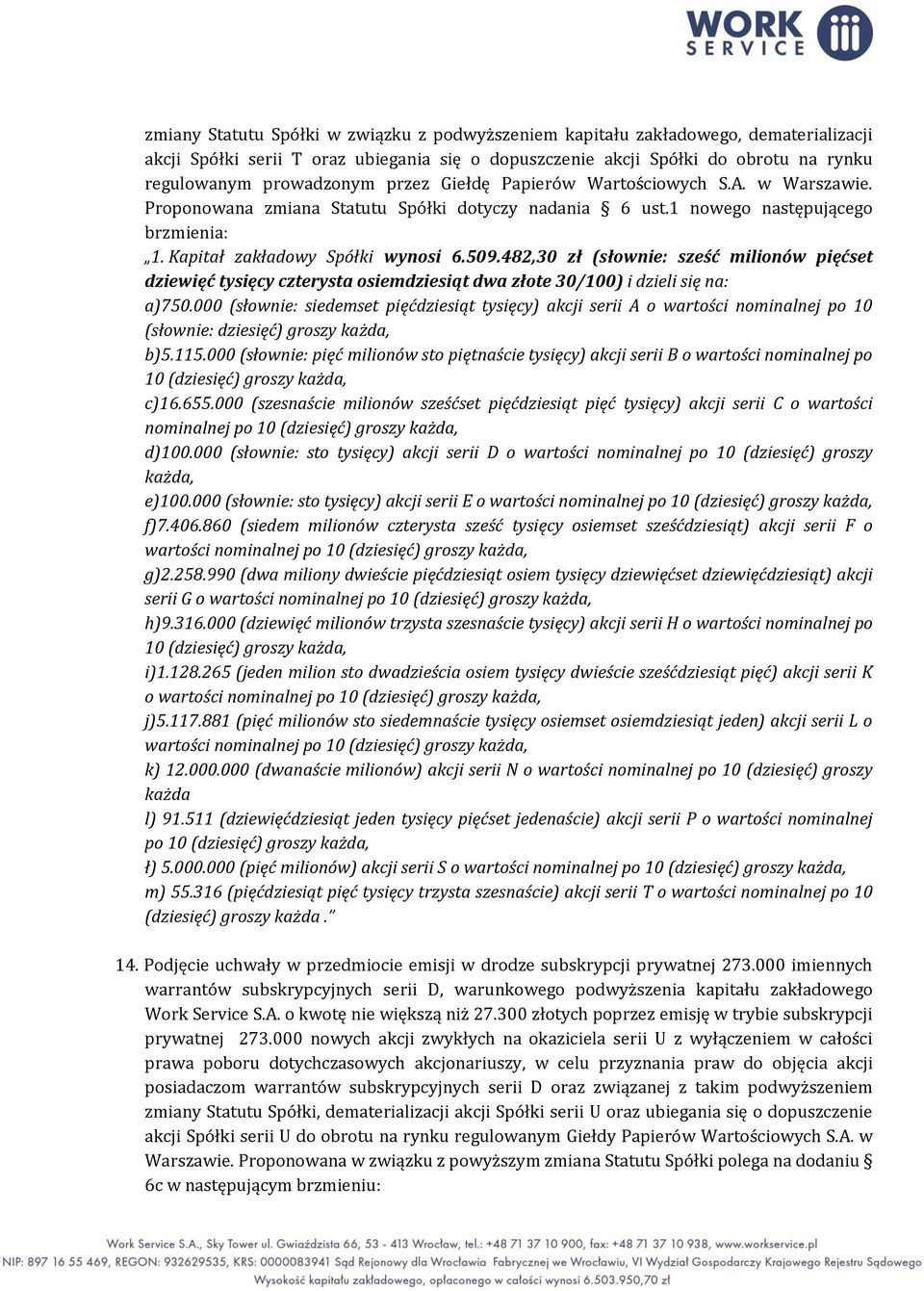 482,30 zł (słownie: sześć milionów pięćset dziewięć tysięcy czterysta osiemdziesiąt dwa złote 30/100) i dzieli się na: a)750.