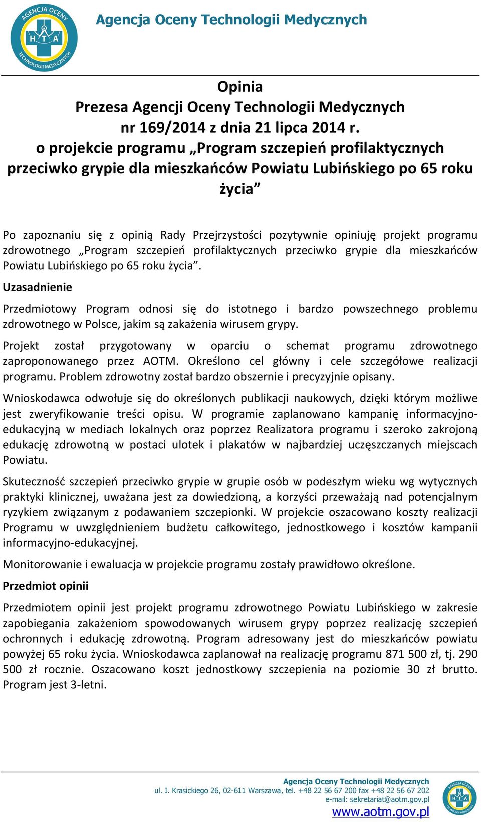 projekt programu zdrowotnego Program szczepień profilaktycznych przeciwko grypie dla mieszkańców Powiatu Lubińskiego po 65 roku życia.
