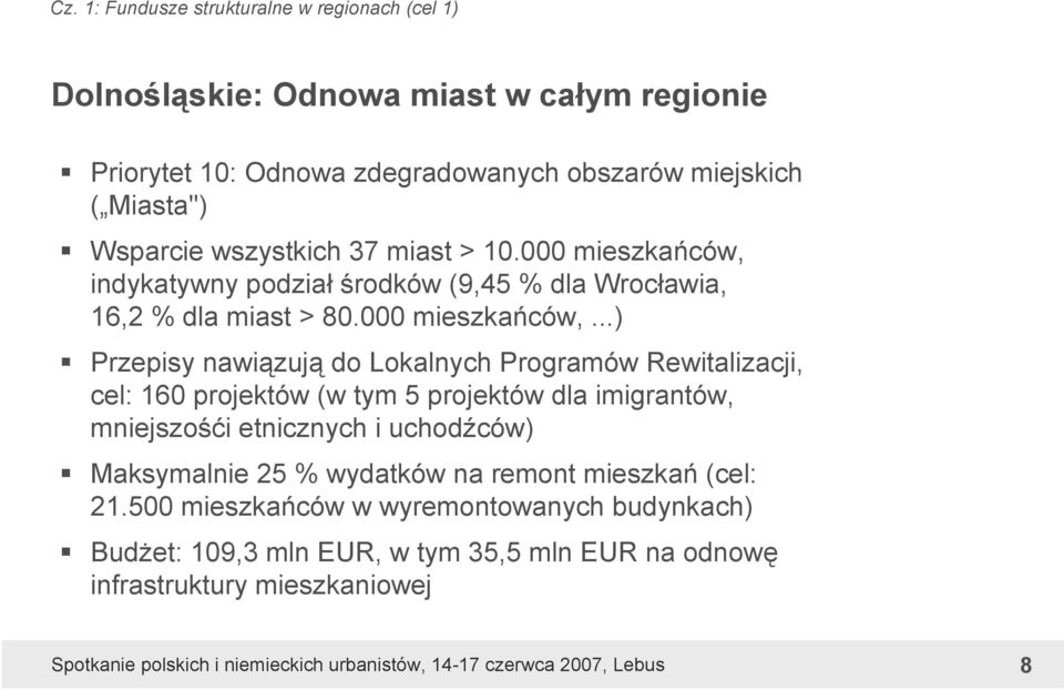 indykatywny podział środków (9,45 % dla Wrocławia, 16,2 % dla miast > 80.000 mieszkańców,.