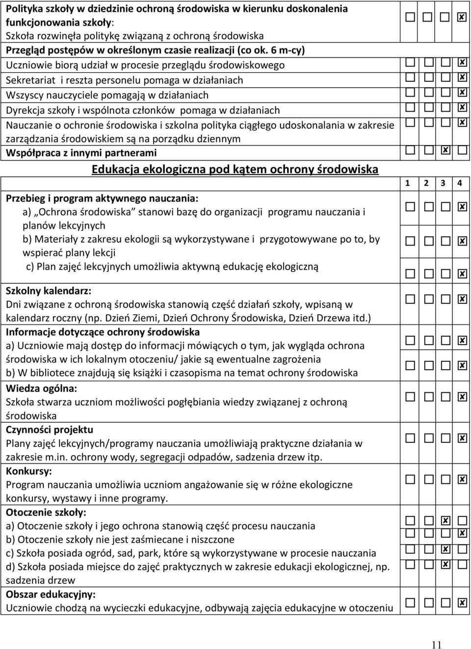 6 m-cy) Uczniowie biorą udział w procesie przeglądu środowiskowego Sekretariat i reszta personelu pomaga w działaniach Wszyscy nauczyciele pomagają w działaniach Dyrekcja szkoły i wspólnota członków