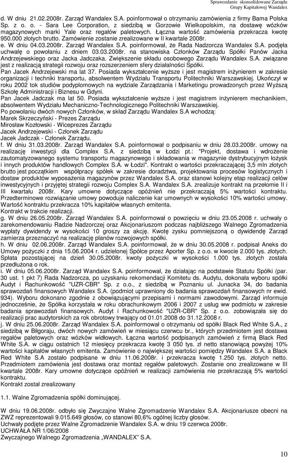 poinformował, Ŝe Rada Nadzorcza Wandalex S.A. podjęła uchwałę o powołaniu z dniem 03.03.2008r. na stanowiska Członków Zarządu Spółki Panów Jacka Andrzejewskiego oraz Jacka Jadczaka.