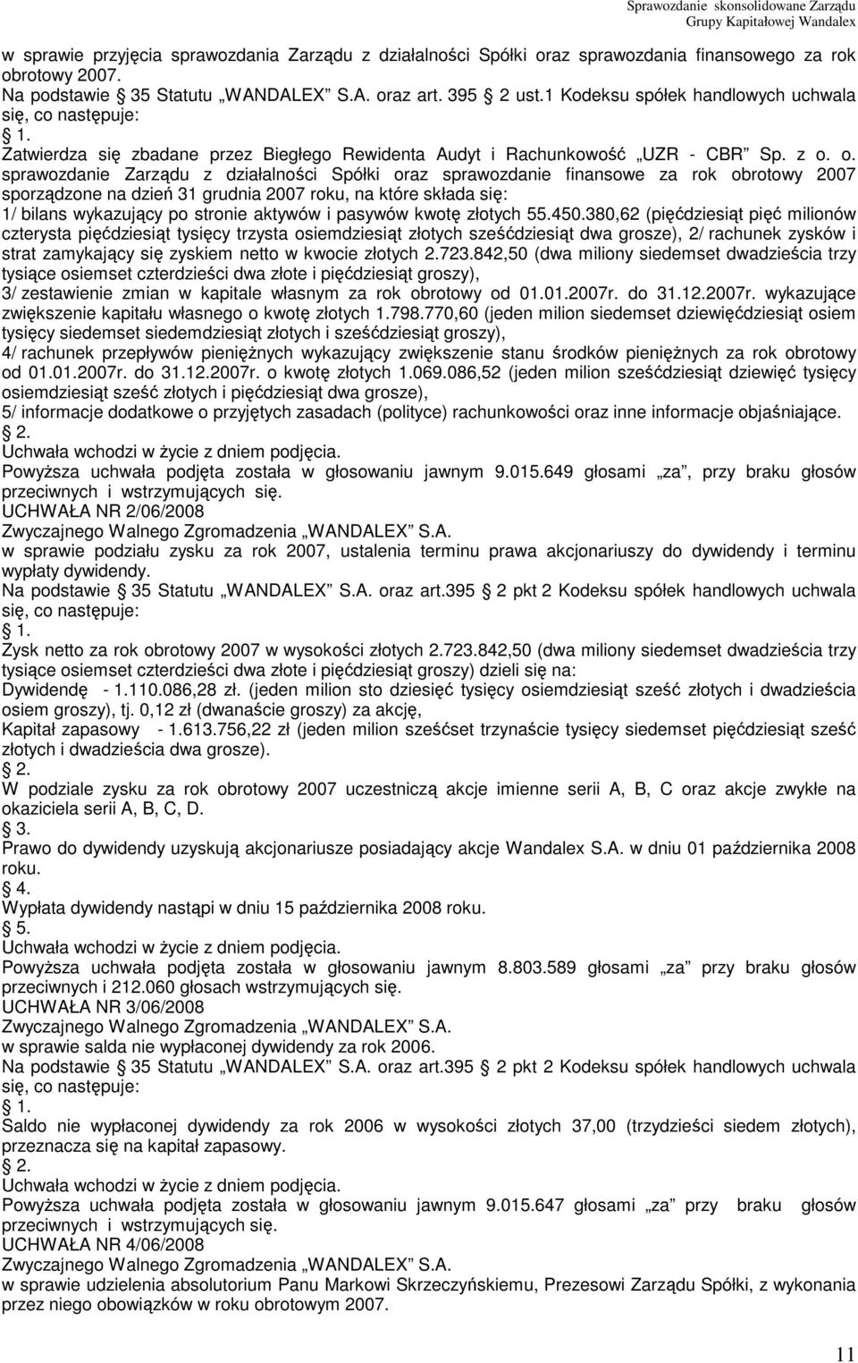 o. sprawozdanie Zarządu z działalności Spółki oraz sprawozdanie finansowe za rok obrotowy 2007 sporządzone na dzień 31 grudnia 2007 roku, na które składa się: 1/ bilans wykazujący po stronie aktywów
