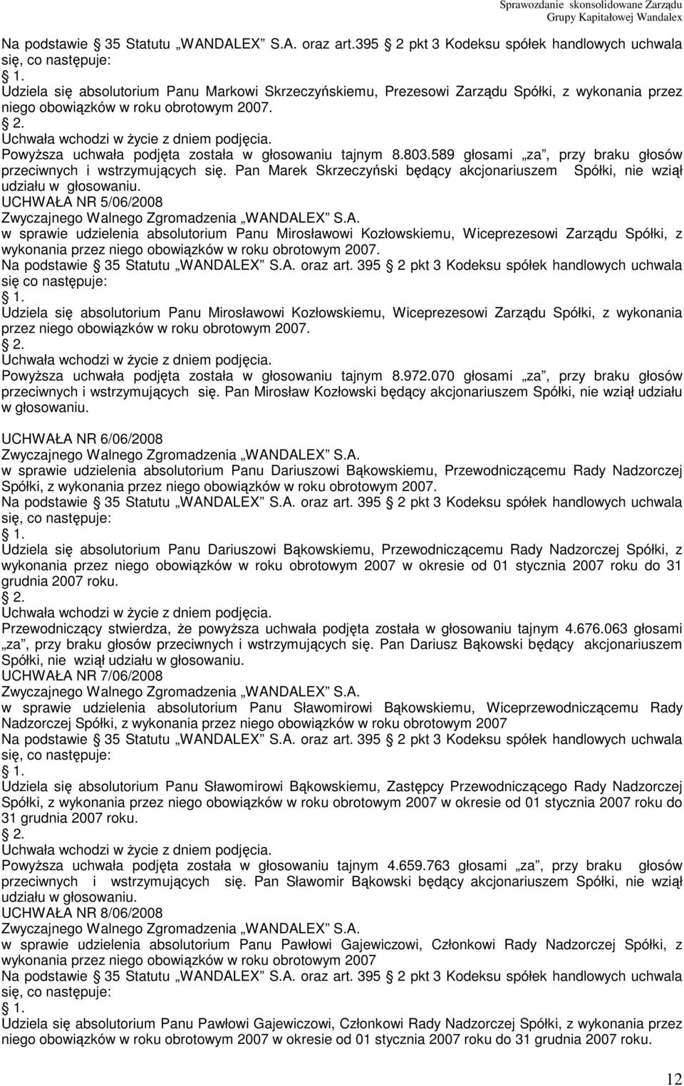 PowyŜsza uchwała podjęta została w głosowaniu tajnym 8.803.589 głosami za, przy braku głosów Pan Marek Skrzeczyński będący akcjonariuszem Spółki, nie wziął udziału w głosowaniu.