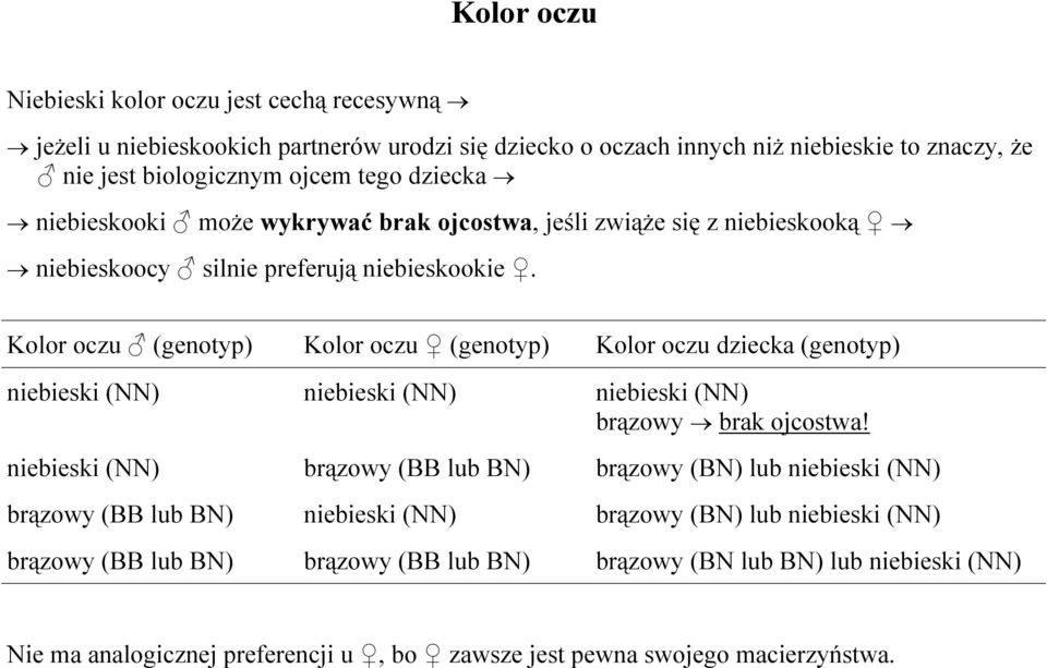 Kolor oczu (genotyp) Kolor oczu (genotyp) Kolor oczu dziecka (genotyp) niebieski (NN) niebieski (NN) niebieski (NN) brązowy brak ojcostwa!
