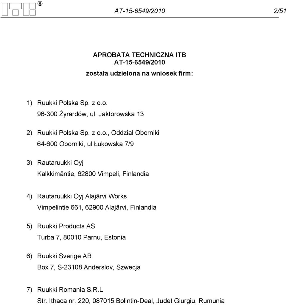 owska 13 2) Ruukki Polska Sp. z o.o., Oddział Oborniki 64-600 Oborniki, ul Łukowska 7/9 3) Rautaruukki Oyj Kalkkimäntie, 62800 Vimpeli,
