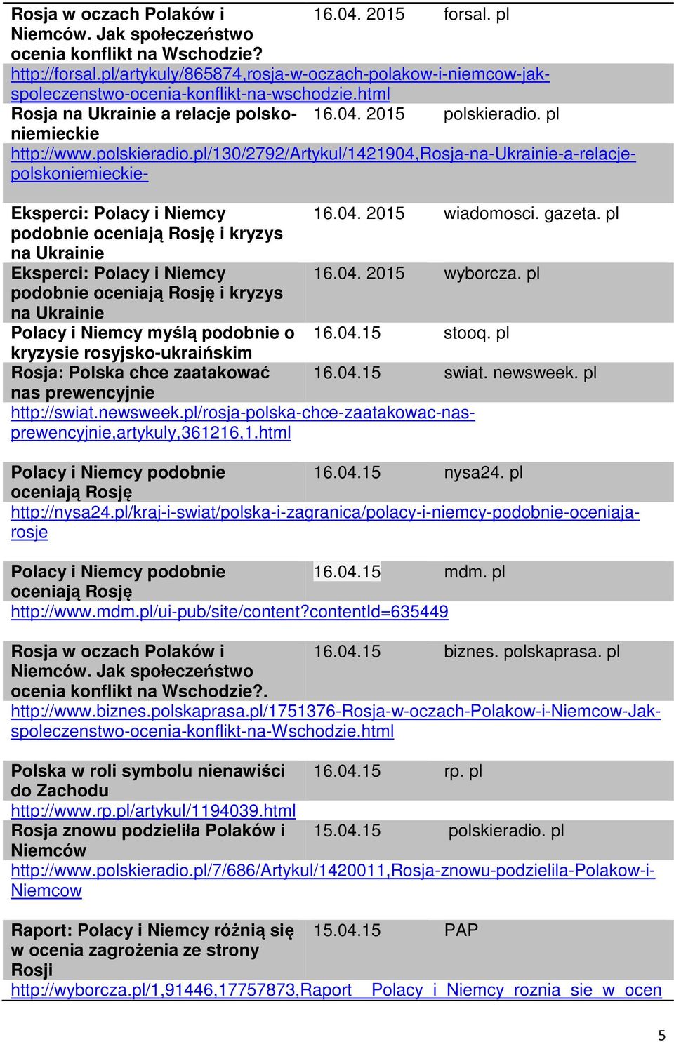 html Rosja a relacje polskoniemieckie 16.04. 2015 polskieradio. pl http://www.polskieradio.pl/130/2792/artykul/1421904,rosja-na-ukrainie-a-relacje- polskoniemieckie- Eksperci: Polacy i Niemcy 16.04. 2015 wiadomosci.