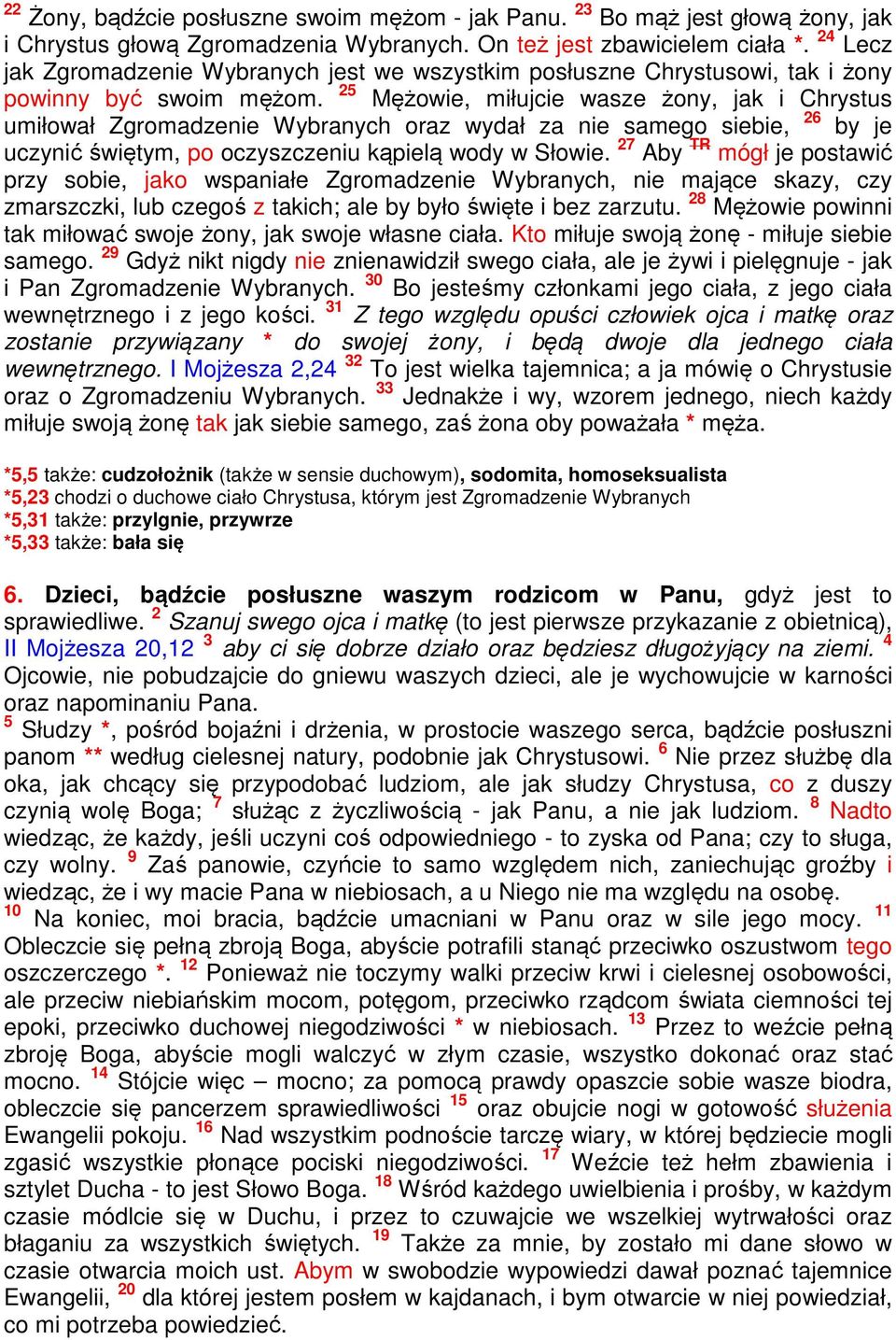 25 Mężowie, miłujcie wasze żony, jak i Chrystus umiłował Zgromadzenie Wybranych oraz wydał za nie samego siebie, 26 by je uczynić świętym, po oczyszczeniu kąpielą wody w Słowie.