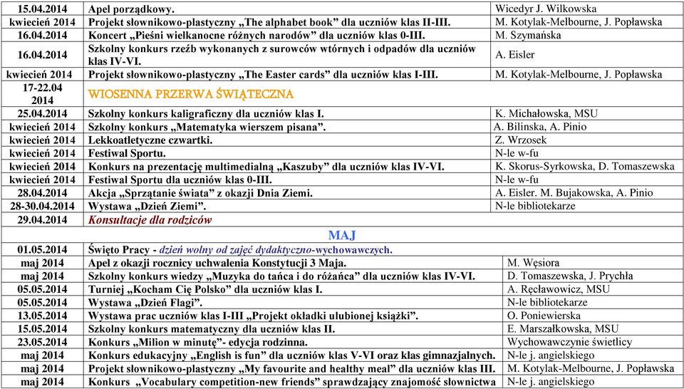 Kotylak-Melbourne, J. Popławska 17-22.04 WIOSENNA PRZERWA ŚWIĄTECZNA 25.04. Szkolny konkurs kaligraficzny dla uczniów klas I. K. Michałowska, MSU kwiecień Szkolny konkurs Matematyka wierszem pisana.