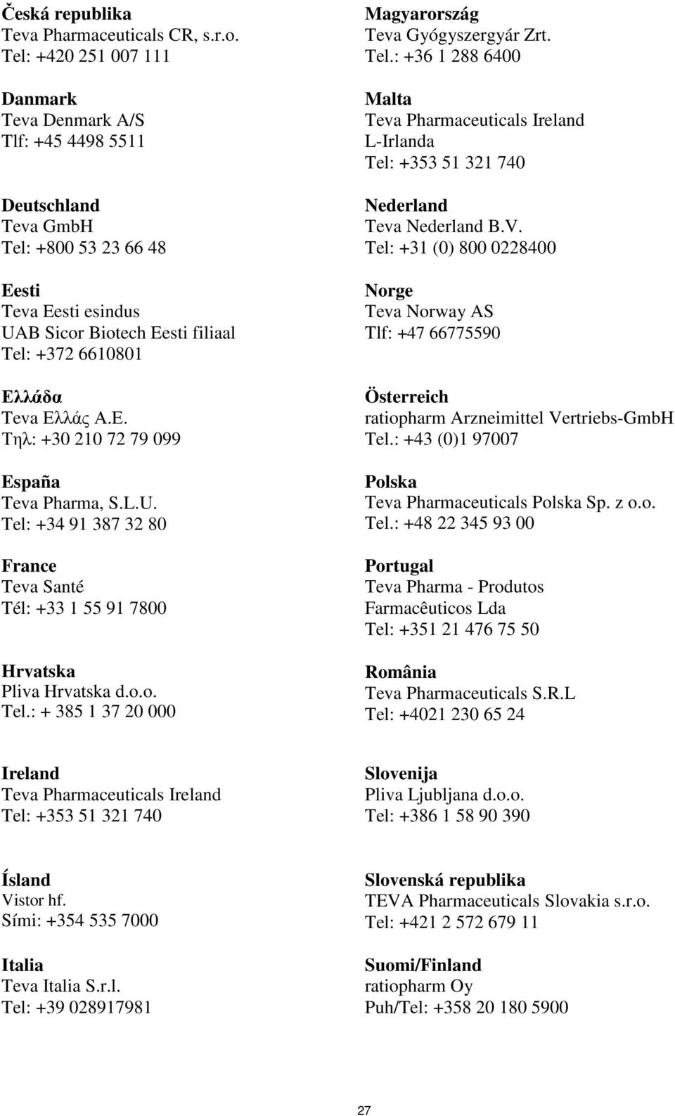 Ελλάς Α.Ε. Τηλ: +30 210 72 79 099 España Teva Pharma, S.L.U. Tel: +34 91 387 32 80 France Teva Santé Tél: +33 1 55 91 7800 Hrvatska Pliva Hrvatska d.o.o. Tel.: + 385 1 37 20 000 Magyarország Teva Gyógyszergyár Zrt.