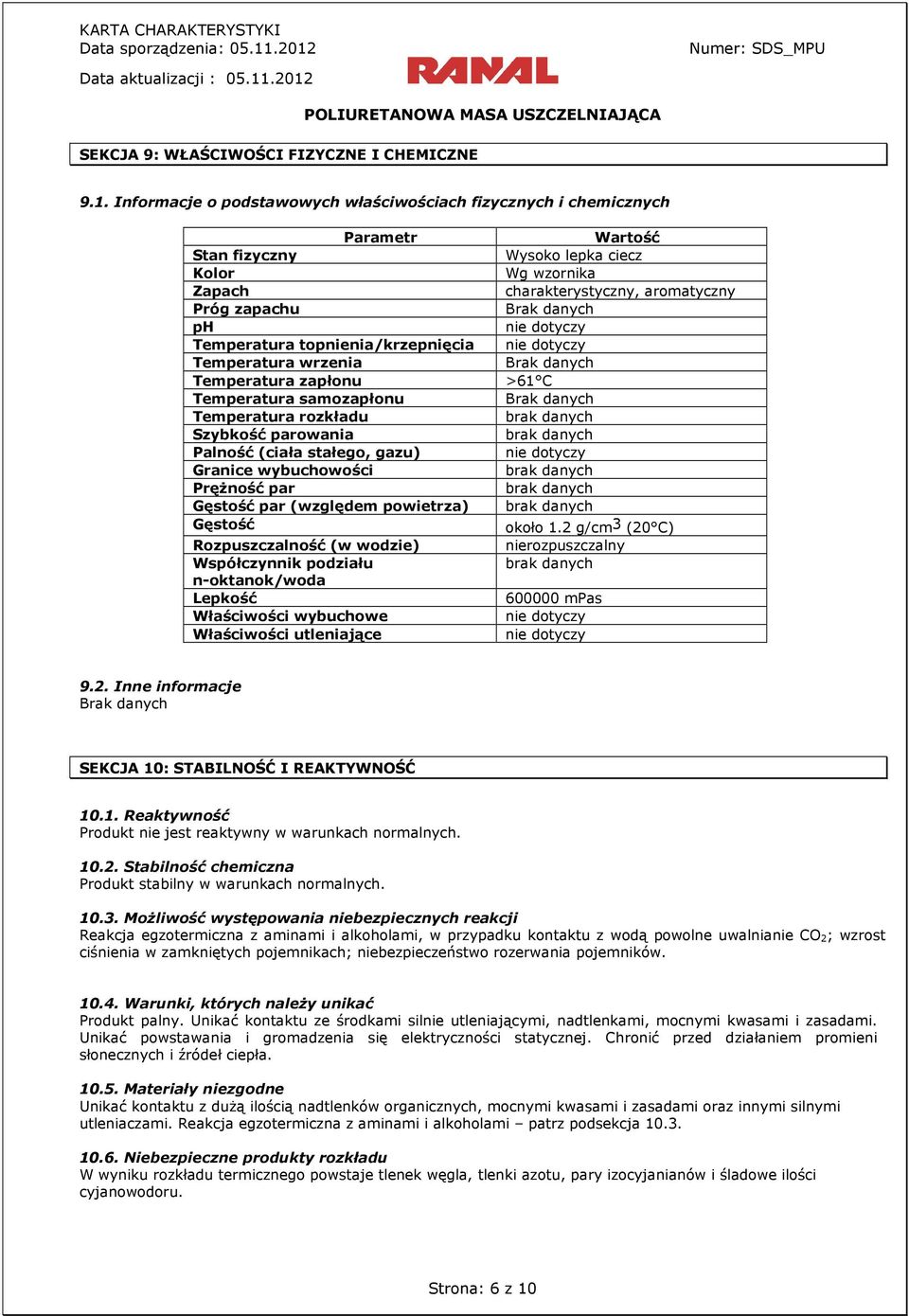 Temperatura samozapłonu Temperatura rozkładu Szybkość parowania Palność (ciała stałego, gazu) Granice wybuchowości Prężność par Gęstość par (względem powietrza) Gęstość Rozpuszczalność (w wodzie)