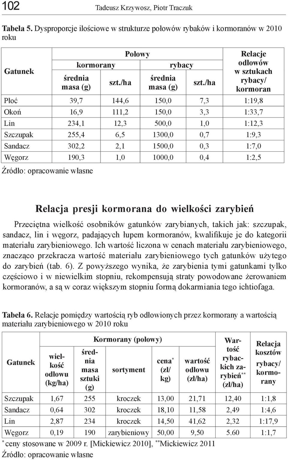 1500,0 0,3 1:7,0 Węgorz 190,3 1,0 1000,0 0,4 1:2,5 Relacja presji kormorana do wielkości zarybień Przeciętna wielkość osobników gatunków zarybianych, takich jak: szczupak, sandacz, lin i węgorz,