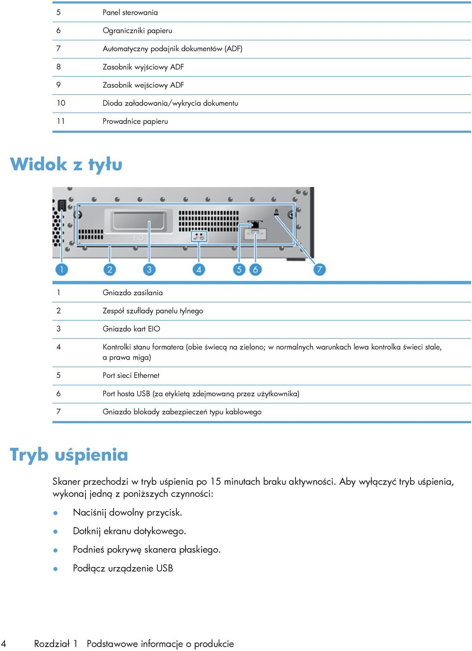 miga) 5 Port sieci Ethernet 6 Port hosta USB (za etykietą zdejmowaną przez użytkownika) 7 Gniazdo blokady zabezpieczeń typu kablowego Tryb uśpienia Skaner przechodzi w tryb uśpienia po 15 minutach