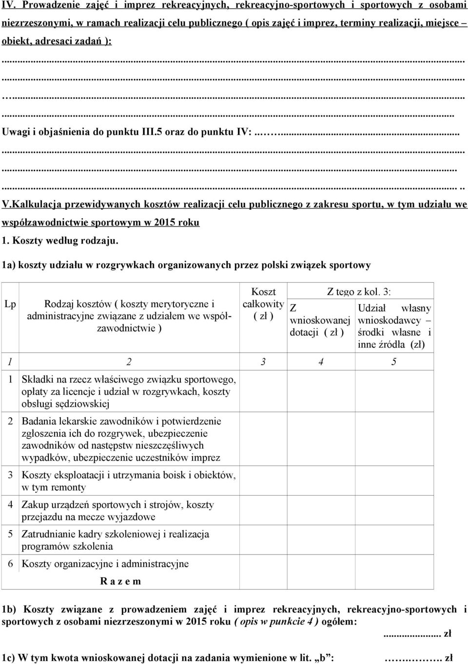 Kalkulacja przewidywanych kosztów realizacji celu publicznego z zakresu sportu, w tym udziału we współzawodnictwie sportowym w 2015 roku 1. Koszty według rodzaju.