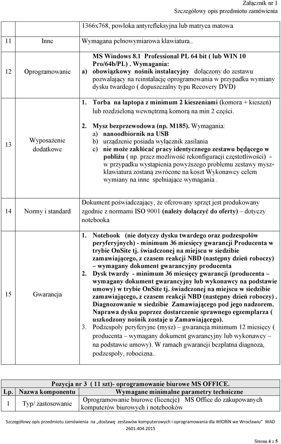 dodatkowe 1. Torba na laptopa z minimum 2 kieszeniami (komora + kieszeń) lub rozdzieloną wewnętrzną komorą na min 2 części. 2. Mysz bezprzewodowa (np. M185).