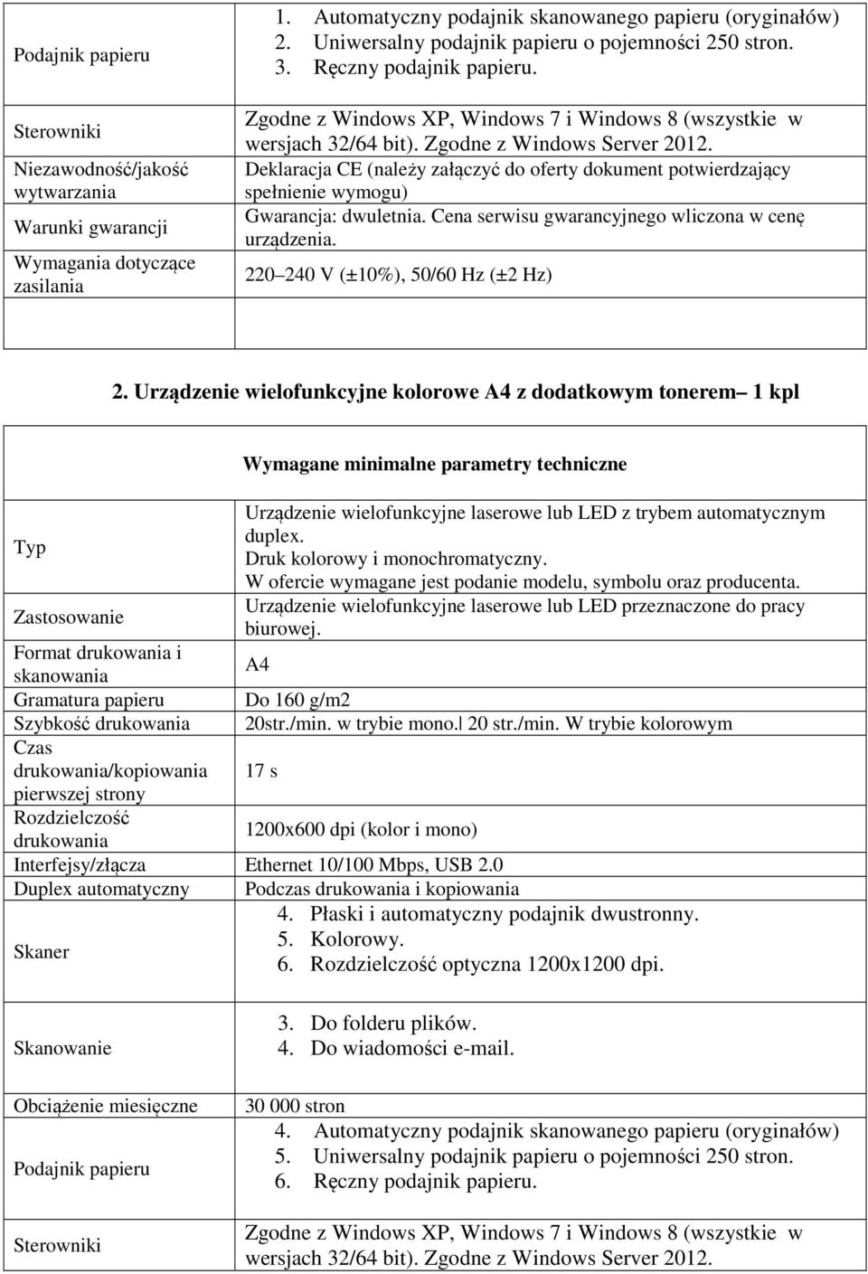 Deklaracja CE (należy załączyć do oferty dokument potwierdzający spełnienie wymogu) Gwarancja: dwuletnia. Cena serwisu gwarancyjnego wliczona w cenę urządzenia. 220 240 V (±10%), 50/60 Hz (±2 Hz) 2.