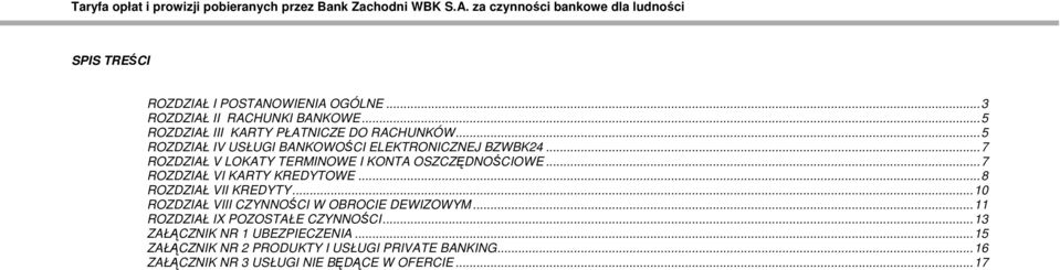 ..7 ROZDZIAŁ VI KARTY KREDYTOWE...8 ROZDZIAŁ VII KREDYTY...10 ROZDZIAŁ VIII CZYNNOŚCI W OBROCIE DEWIZOWYM.