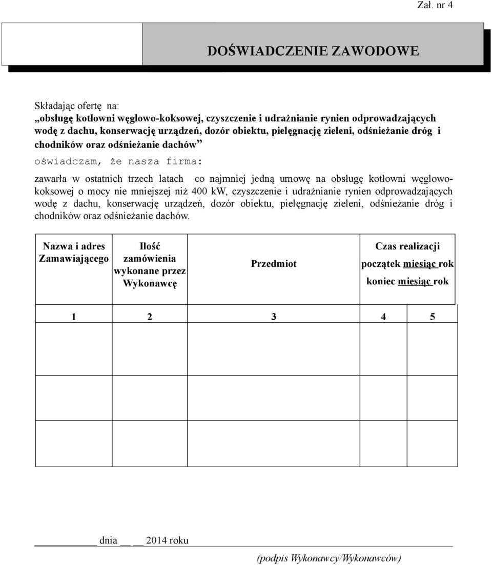 kotłowni węglowokoksowej o mocy nie mniejszej niż 400 kw, czyszczenie i udrażnianie rynien odprowadzających wodę z dachu, konserwację urządzeń, dozór obiektu, pielęgnację zieleni, odśnieżanie dróg i