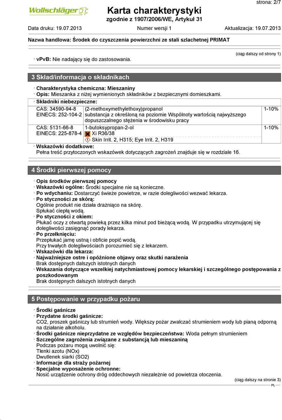 Składniki niebezpieczne: CAS: 34590-94-8 EINECS: 252-104-2 CAS: 5131-66-8 EINECS: 225-878-4 (2-methoxymethylethoxy)propanol substancja z określoną na poziomie Wspólnoty wartością najwyższego