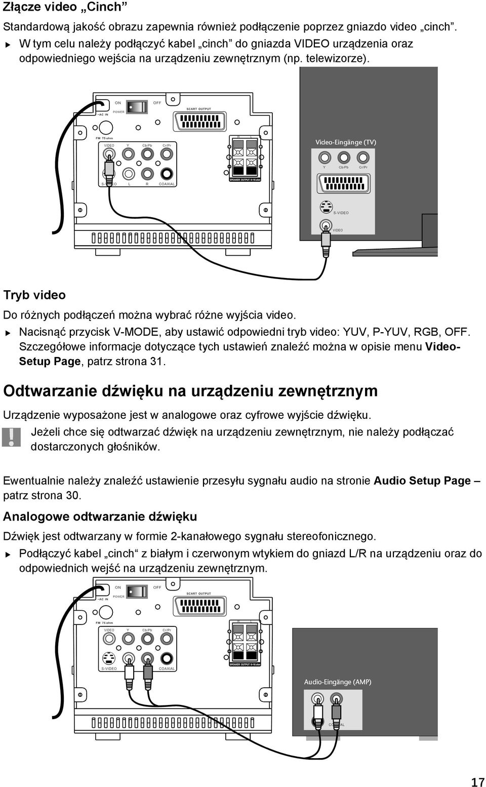 Tryb video Do różnych podłączeń można wybrać różne wyjścia video. Nacisnąć przycisk V-MODE, aby ustawić odpowiedni tryb video: YUV, P-YUV, RGB, OFF.