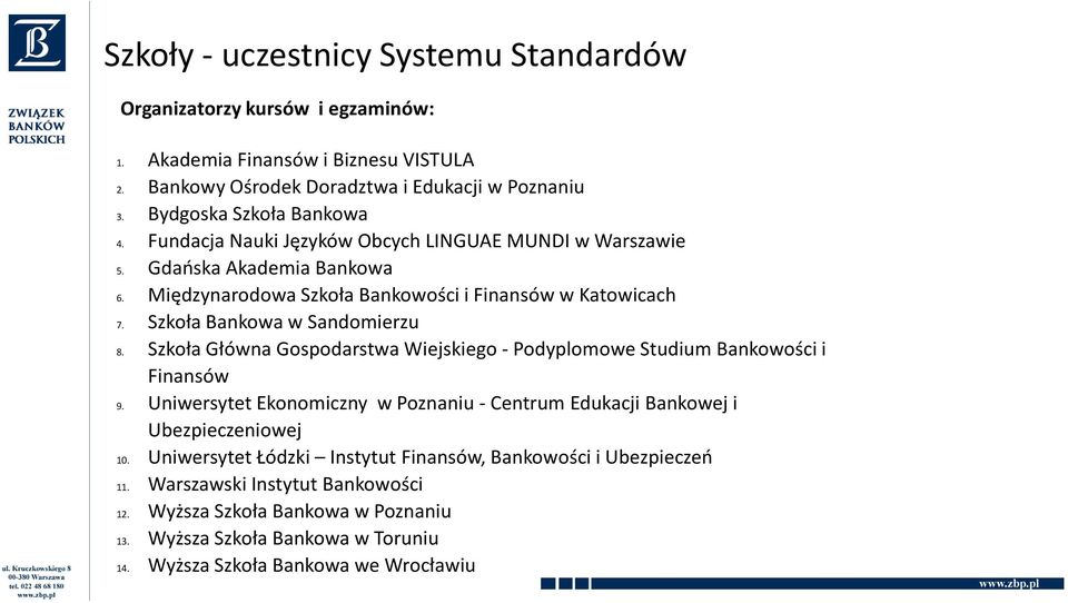 Szkoła Bankowa w Sandomierzu 8. Szkoła Główna Gospodarstwa Wiejskiego -Podyplomowe Studium Bankowości i Finansów 9.