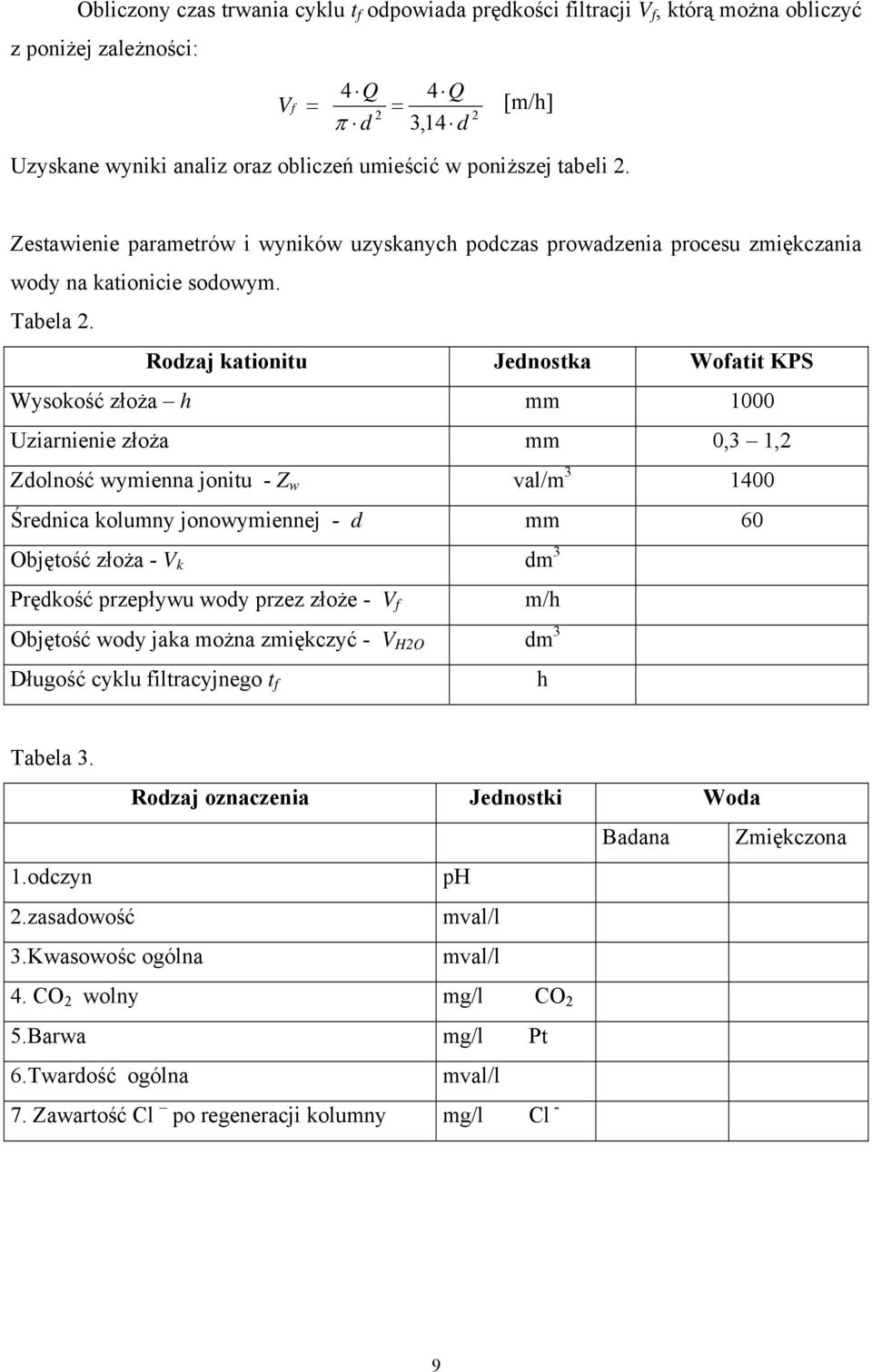 Rodzaj kationitu Jednostka Wofatit KPS Wysokość złoża h mm 1000 Uziarnienie złoża mm 0,3 1,2 Zdolność wymienna jonitu - Z w val/m 3 1400 Średnica kolumny jonowymiennej - d mm 60 Objętość złoża - V k