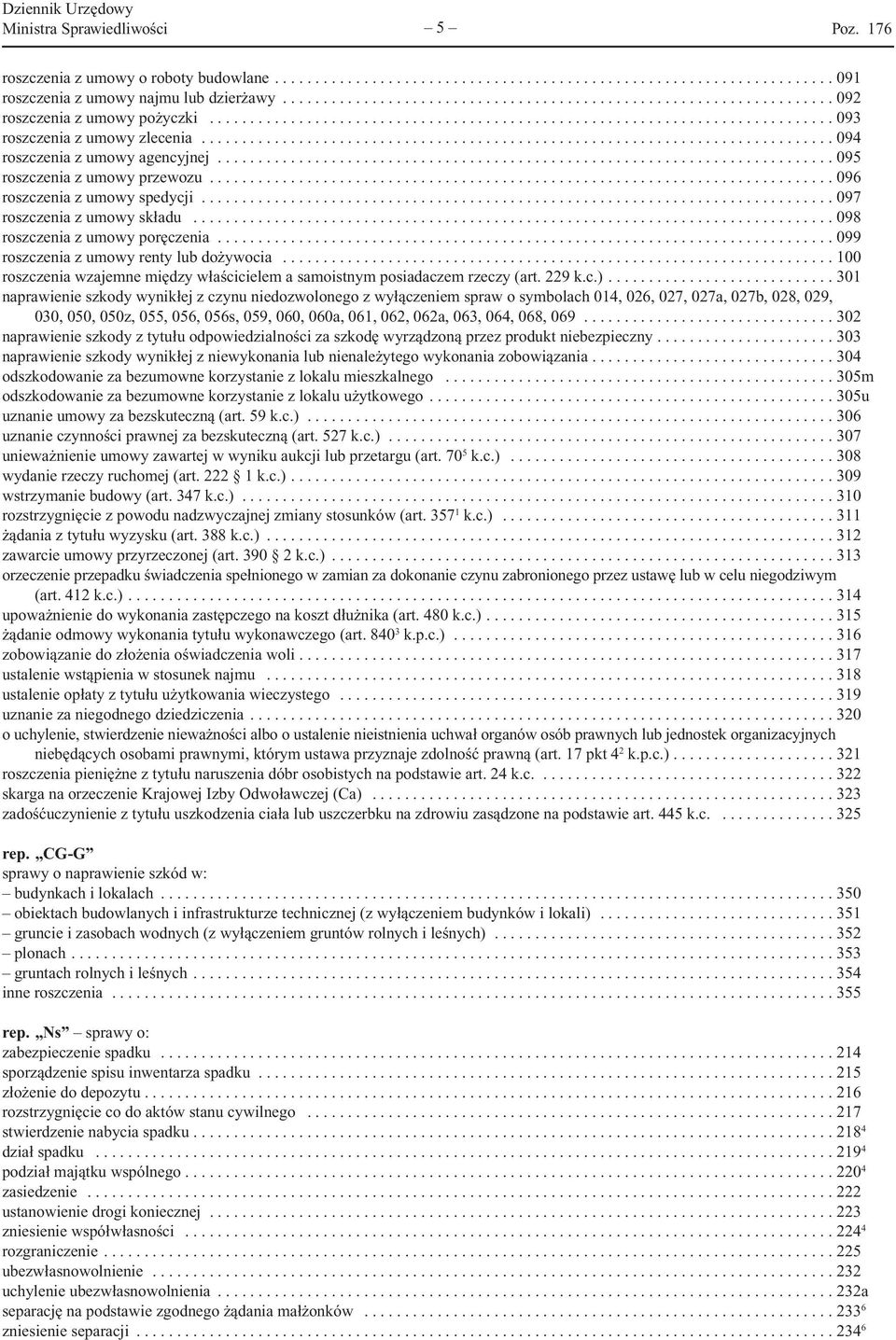 .. 099 roszczenia z umowy renty lub dożywocia... 100 roszczenia wzajemne między właścicielem a samoistnym posiadaczem rzeczy (art. 229 k.c.).