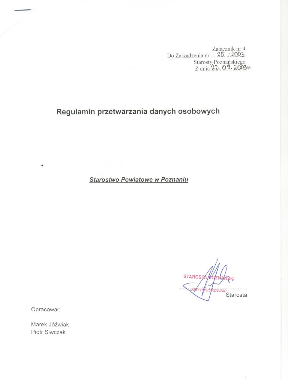 Regulamin przetwarzania danych osobowych ot Starostwo