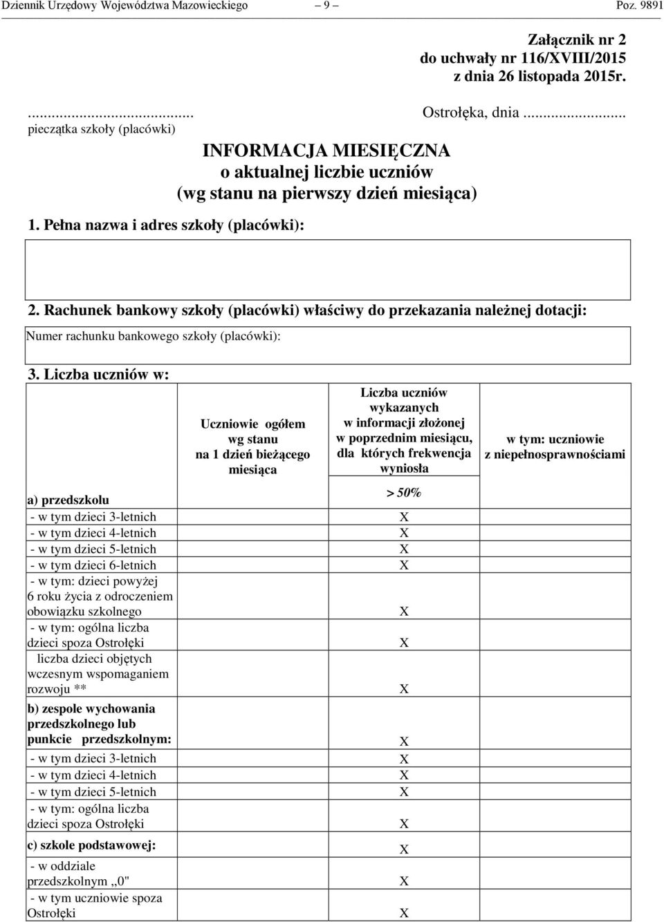 Ostrołęka, dnia... 2. Rachunek bankowy szkoły (placówki) właściwy do przekazania należnej dotacji: Numer rachunku bankowego szkoły (placówki): 3.