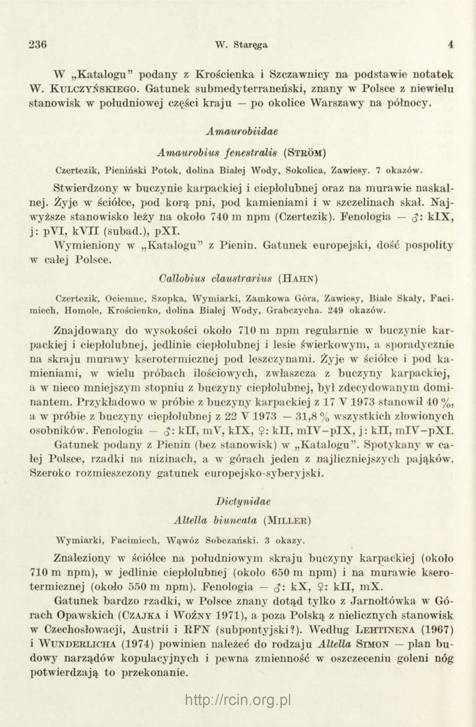 Amaurobiidae Amaurobius fenestralis (S t r o m ) Czertezik, Pieniński Potok, dolina Białej W ody, Sokolica, Zawiesy. 7 okazów.