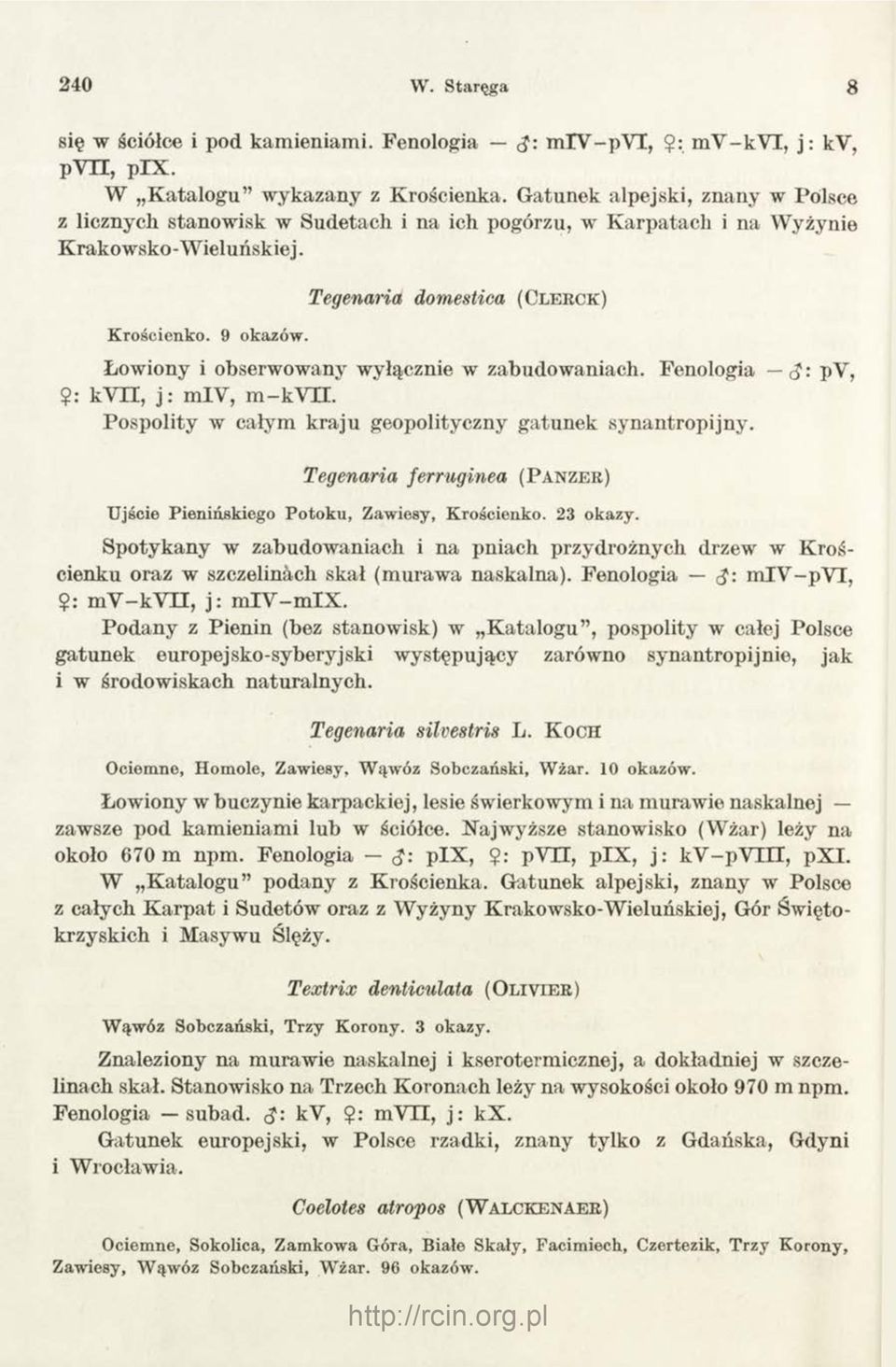 Tegenaria domestica (C l e r c k ) Łowiony i obserwowany wyłącznie w zabudowaniach. Fenologia <$: py,?: kyti, j: mly, m -k\t L. Pospolity w całym k raju geopolityczny gatunek synantropijny.