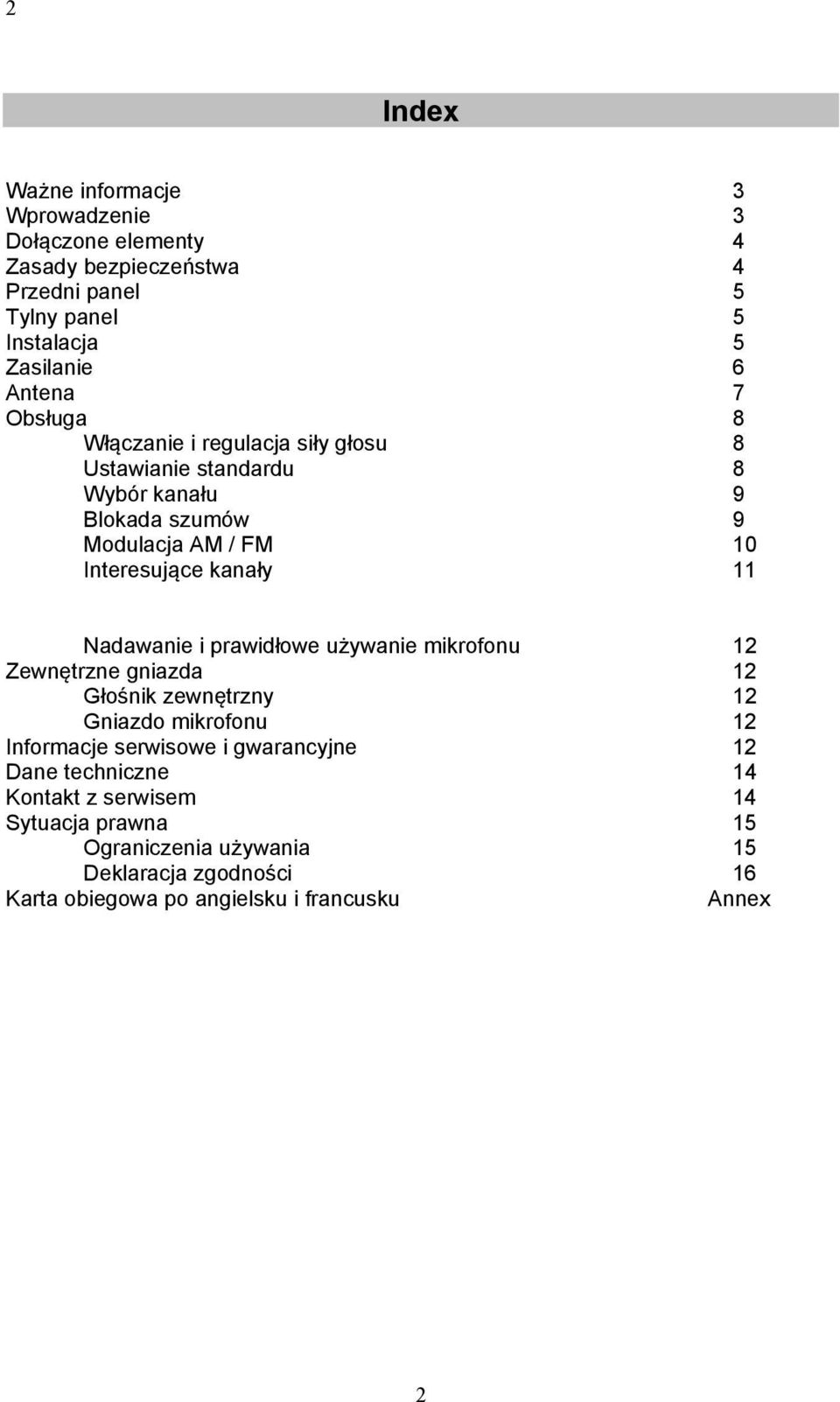 Nadawanie i prawidłowe używanie mikrofonu 12 Zewnętrzne gniazda 12 Głośnik zewnętrzny 12 Gniazdo mikrofonu 12 Informacje serwisowe i gwarancyjne 12