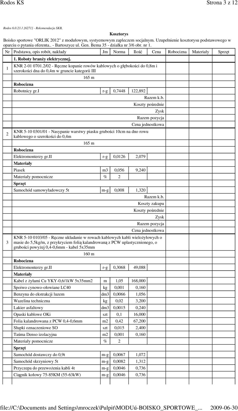 i r-g 0,7448 122,892 0301/01 - Nasypanie warstwy piasku grubości 10cm na dno rowu kablowego o szerokości do 0,4m 165 m Elektromonterzy gr.