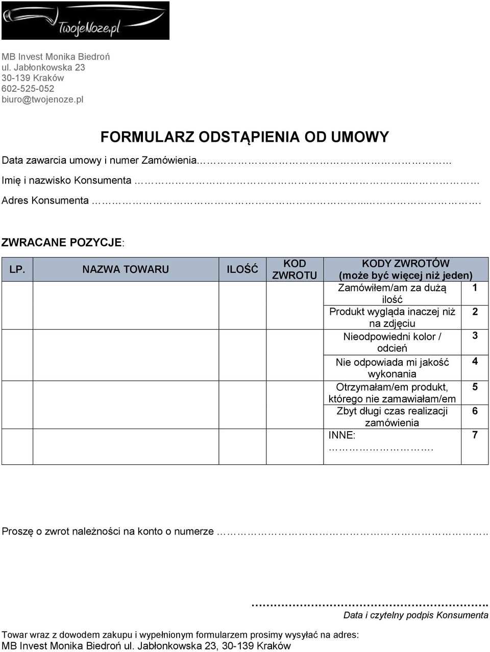 NAZWA TOWARU ILOŚĆ KOD ZWROTU KODY ZWROTÓW (może być więcej niż jeden) Zamówiłem/am za dużą 1 ilość Produkt wygląda inaczej niż 2 na zdjęciu Nieodpowiedni kolor / 3 odcień Nie