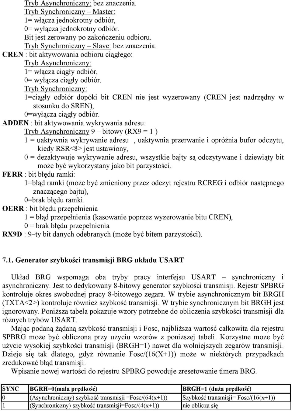 Tryb Synchroniczny: 1=ciągły odbiór dopóki bit CREN nie jest wyzerowany (CREN jest nadrzędny w stosunku do SREN), 0=wyłącza ciągły odbiór.