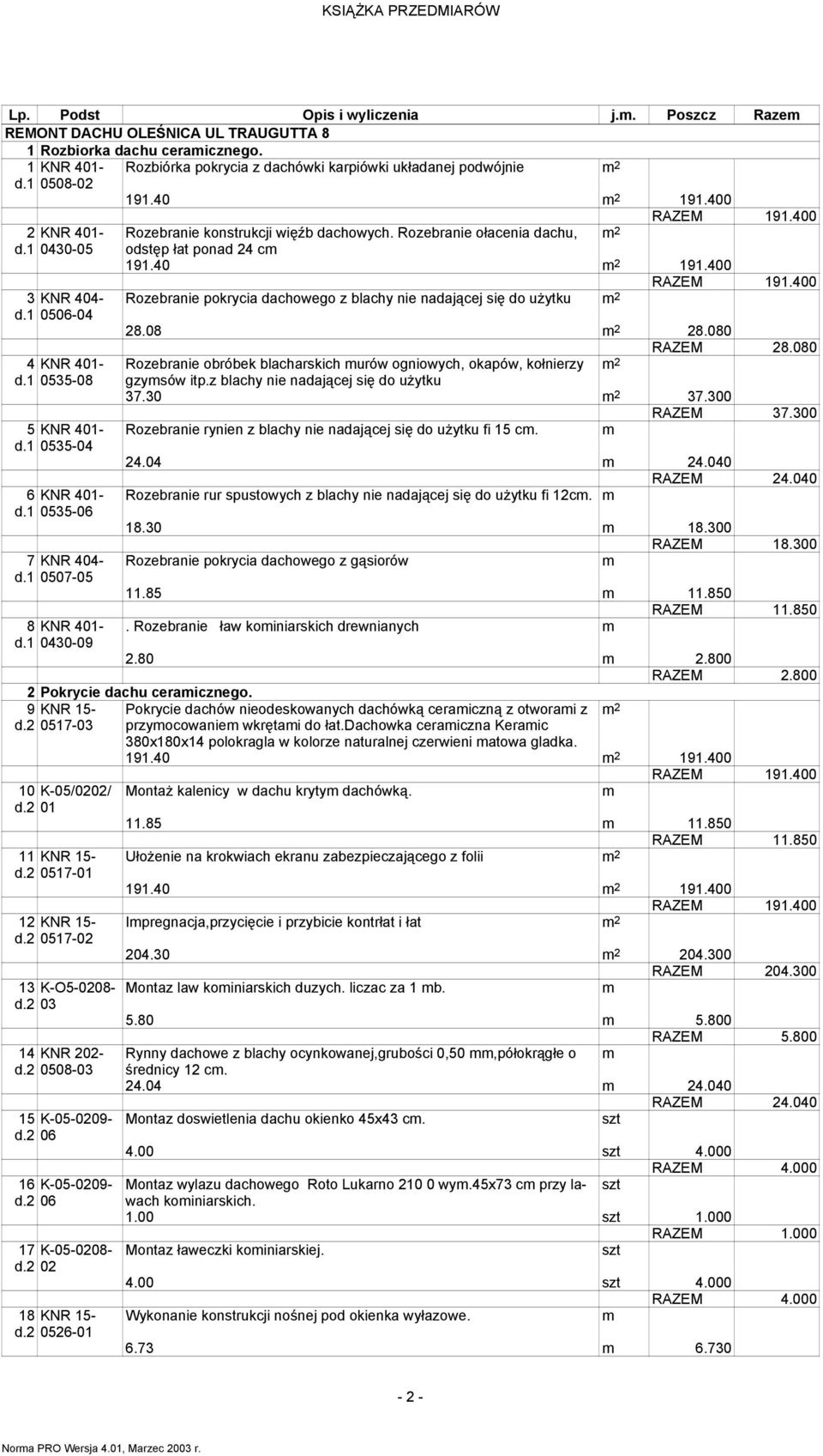 400 RAZEM 191.400 Rozebranie konstrukcji więźb dachowych. Rozebranie ołacenia dachu, 2 odstęp łat ponad 24 c 191.40 2 191.400 RAZEM 191.400 Rozebranie pokrycia dachowego z blachy nie nadającej się do uŝytku 2 28.