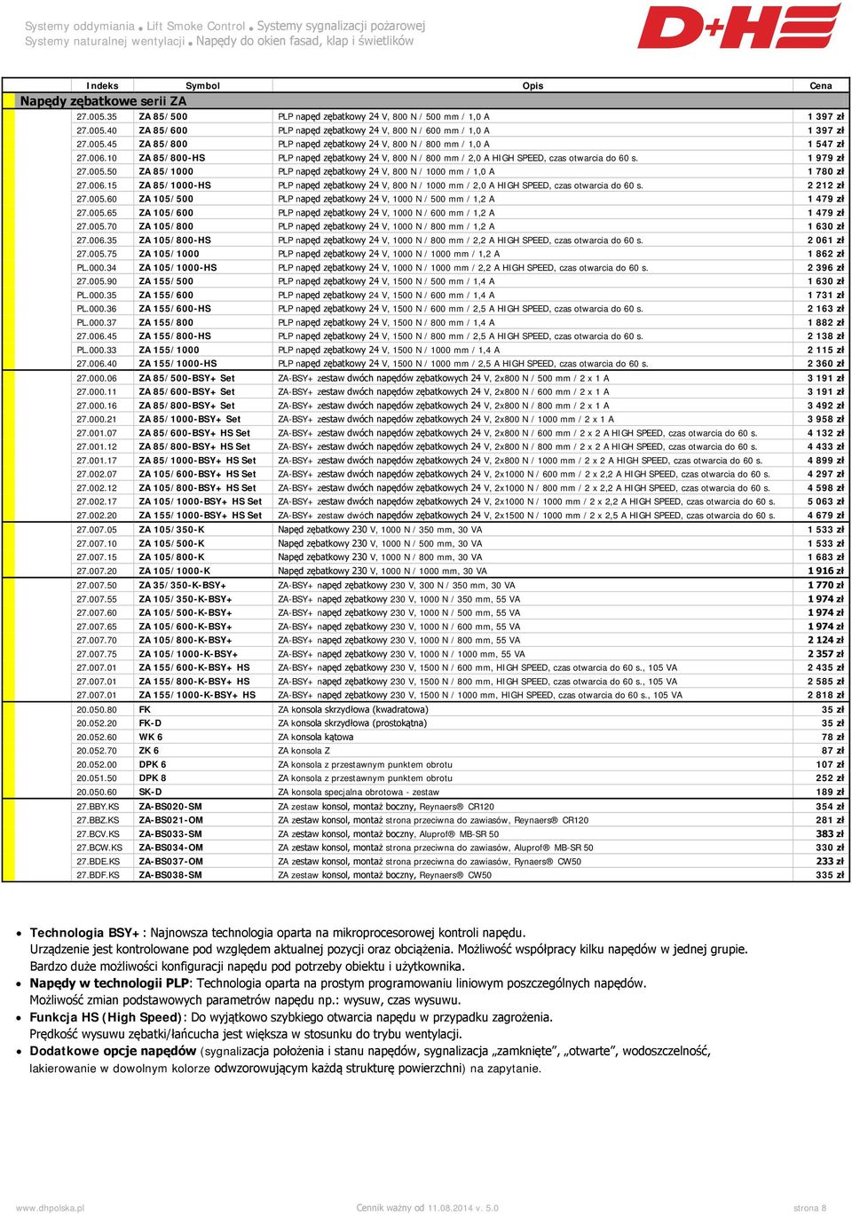 006.15 ZA 85/1000-HS PLP napęd zębatkowy 24 V, 800 N / 1000 mm / 2,0 A HIGH SPEED, czas otwarcia do 60 s. 2 212 zł 27.005.60 ZA 105/500 PLP napęd zębatkowy 24 V, 1000 N / 500 mm / 1,2 A 1 479 zł 27.