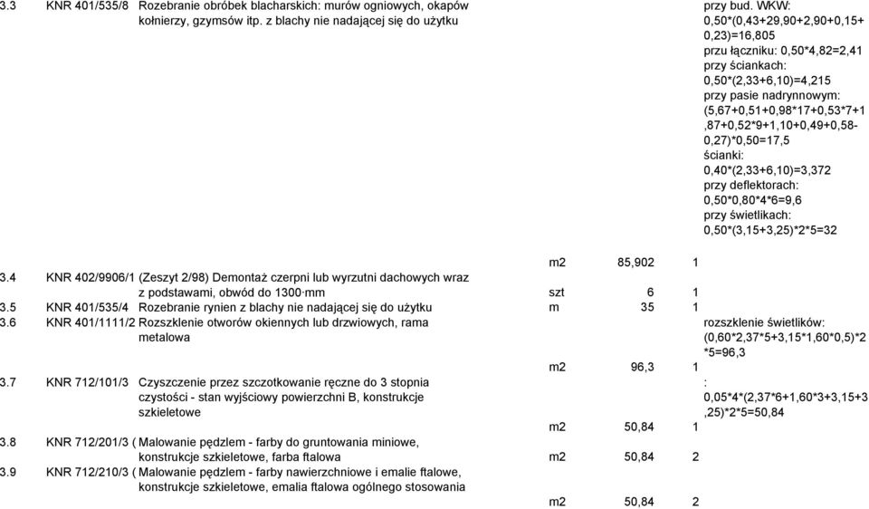 (5,67+0,51+0,98*17+0,53*7+1,87+0,52*9+1,10+0,49+0,58-0,27)*0,50=17,5 ścianki 0,40*(2,33+6,10)=3,372 przy deflektorach 0,50*0,80*4*6=9,6 przy świetlikach 0,50*(3,15+3,25)*2*5=32 m2 85,902 1 3.