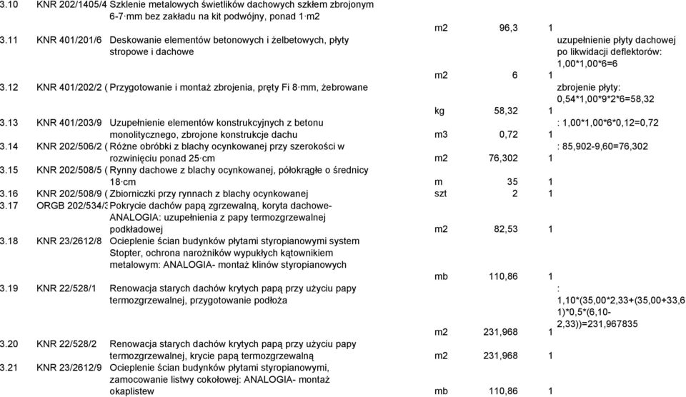 12 KNR 401/202/2 ( Przygotowanie i montaż zbrojenia, pręty Fi 8 mm, żebrowane zbrojenie płyty 0,54*1,00*9*2*6=58,32 kg 58,32 1 3.