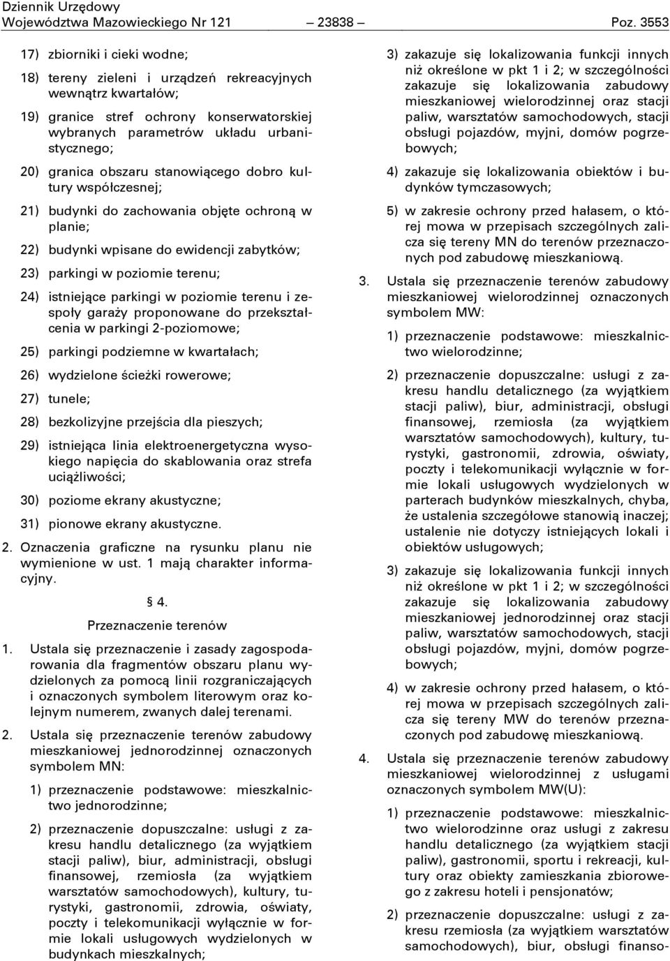 obszaru stanowiņcego dobro kultury współczesnej; 21) budynki do zachowania objňte ochronņ w planie; 22) budynki wpisane do ewidencji zabytków; 23) parkingi w poziomie terenu; 24) istniejņce parkingi