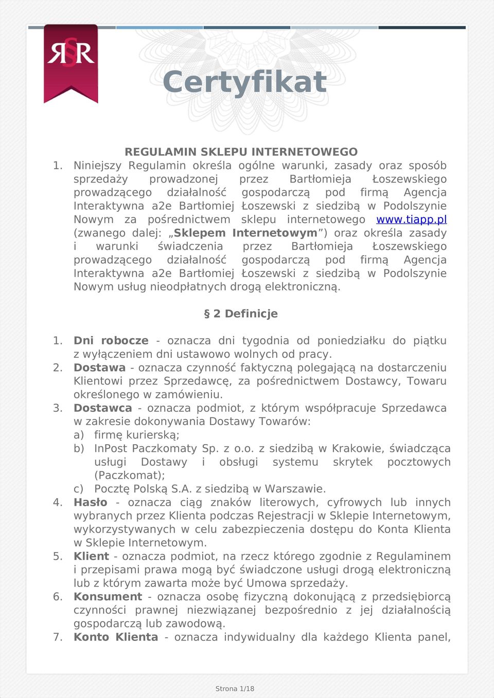 Łoszewski z siedzibą w Podolszynie Nowym za pośrednictwem sklepu internetowego www.tiapp.