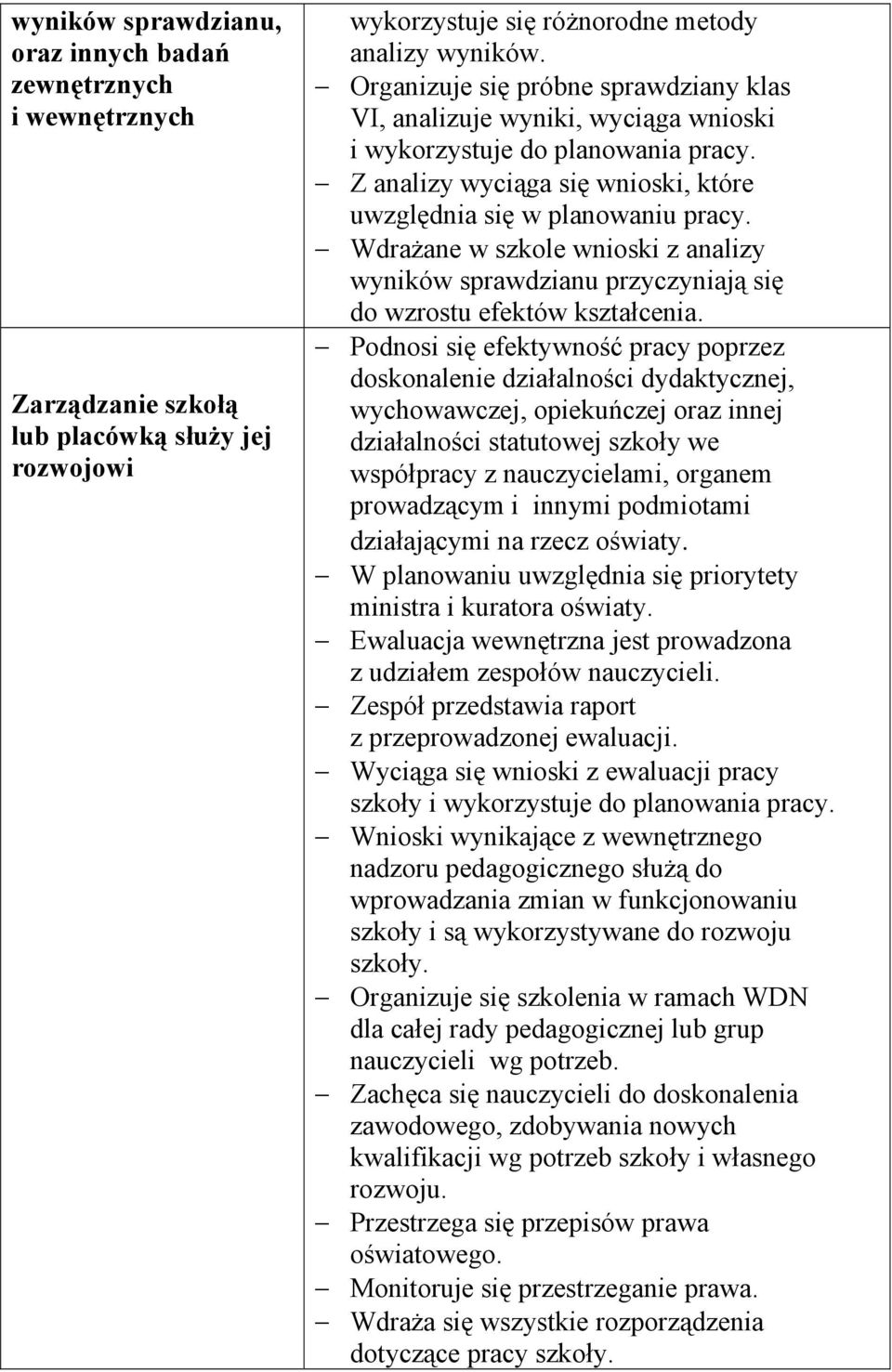 Wdrażane w szkole wnioski z analizy wyników sprawdzianu przyczyniają się do wzrostu efektów kształcenia.