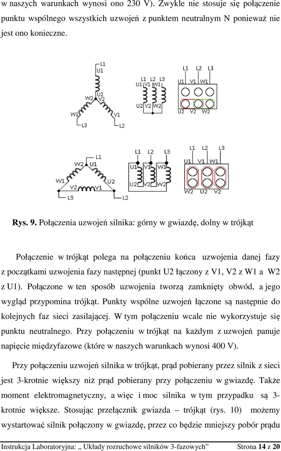 a W2 z U1). Połączone w ten sposób uzwojenia tworzą zamknięty obwód, a jego wygląd przypomina trójkąt. Punkty wspólne uzwojeń ń łączone są następnie do kolejnych faz sieci zasilającej.