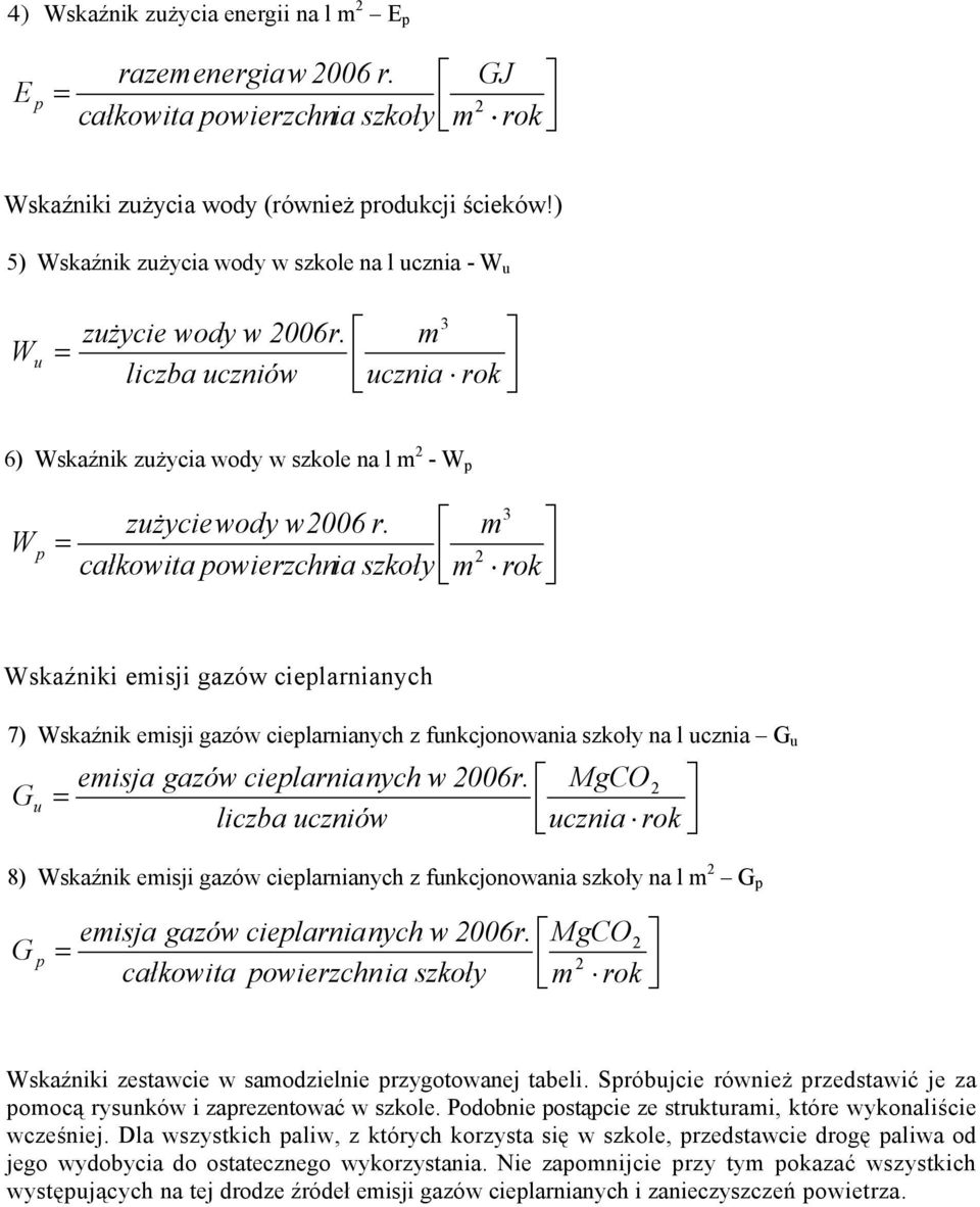 m całkowita powierzchnia szkoły m W p 2 Wskaźniki emisji gazów cieplarnianych 7) Wskaźnik emisji gazów cieplarnianych z funkcjonowania szkoły na l ucznia G u emisja gazów cieplarnianych w 2006r.