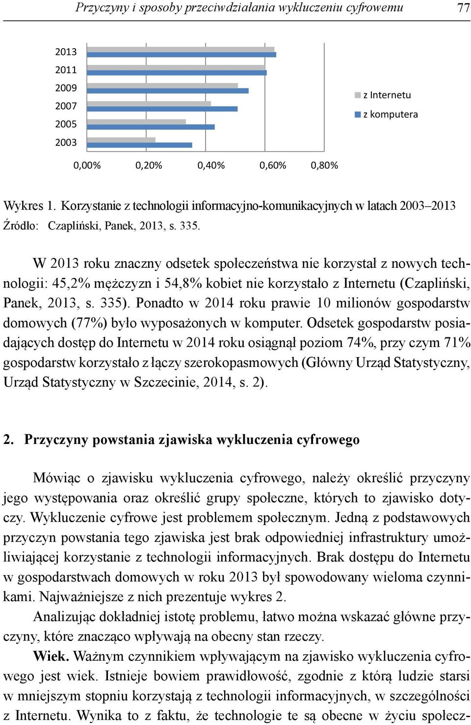 W 2013 roku znaczny odsetek społeczeństwa nie korzystał z nowych technologii: 45,2% mężczyzn i 54,8% kobiet nie korzystało z Internetu (Czapliński, Panek, 2013, s. 335).