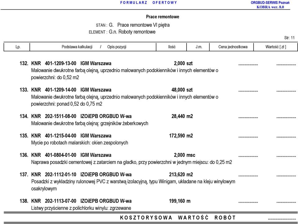 KNR 202-1511-08-00 IZOiEPB ORGBUD W-wa 28,440 m2...... Malowanie dwukrotne farbą olejną: grzejników żeberkowych 135. KNR 401-1215-04-00 IGM Warszawa 172,590 m2.